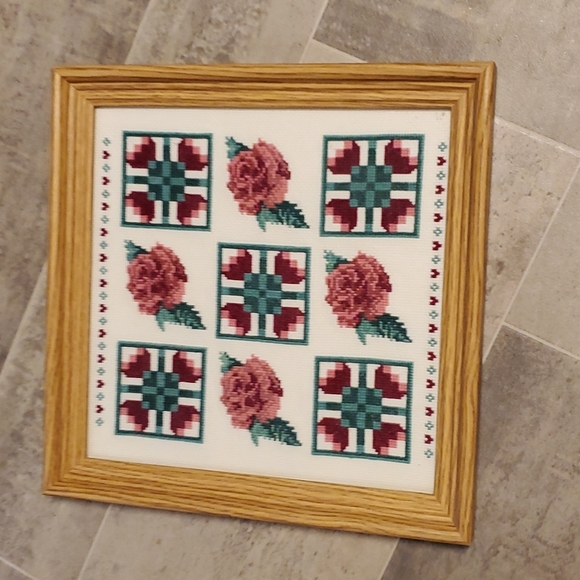 Vintage Other - Vintage Cottage Core Handcrafted Needlepoint Roses Picture